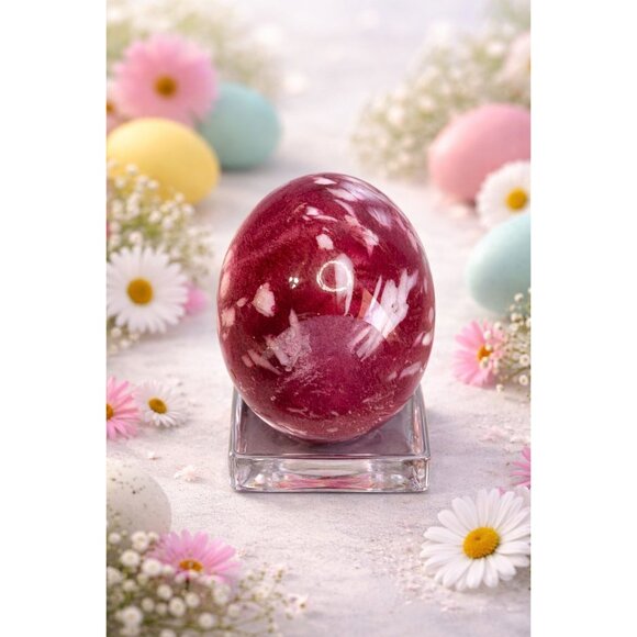 unknown Other - Art Glass Egg Cranberry White Mottled Swirl Decorative 3"